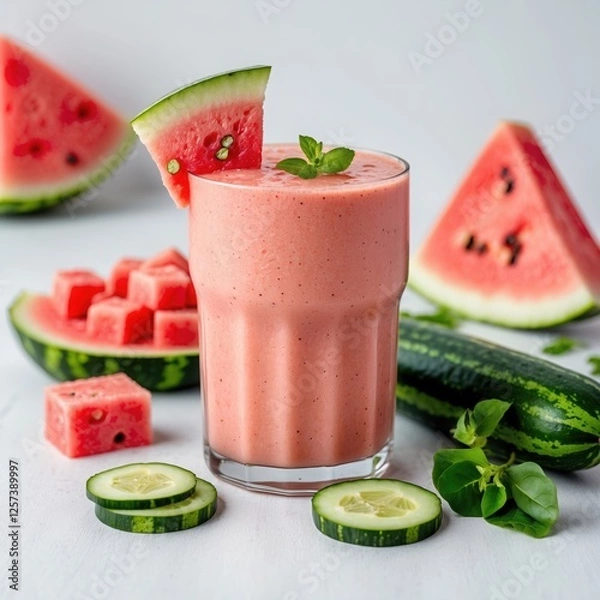 Fototapeta Refreshing watermelon smoothie with mint in light background