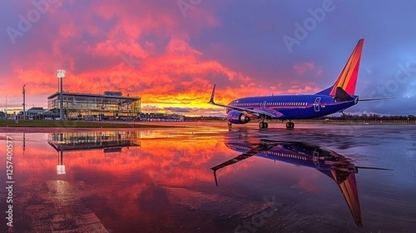 Obraz Southwest Airlines 737 at Sunset with Airport Reflection