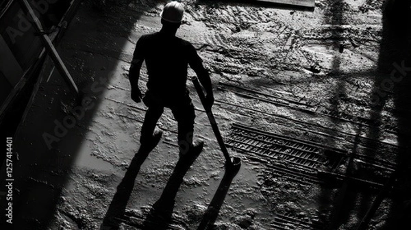 Fototapeta Silhouette of construction worker on site.