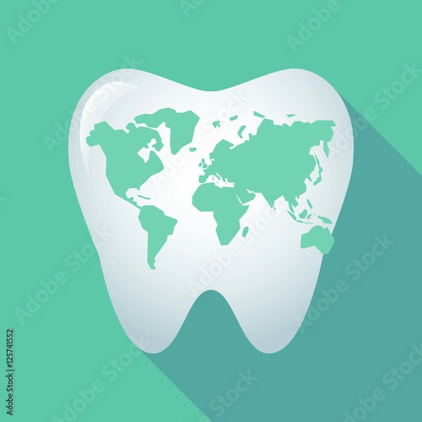 Fototapeta Long shadow tooth icon with a world map