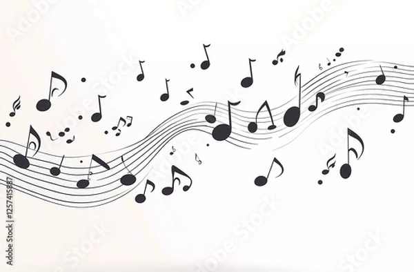 Fototapeta Black and white vector music notes on a wavy line, isolated on a solid background. 