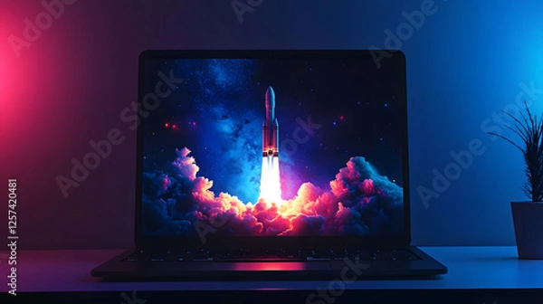 Obraz Rocket Launch on Laptop Screen - Neon Lights Startup Concept