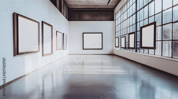 Obraz Empty Art Gallery with Blank Frames and Large Windows - Modern Interior Design