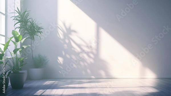 Obraz Sunlit Minimalist Room Interior with Potted Plants and Soft Shadows