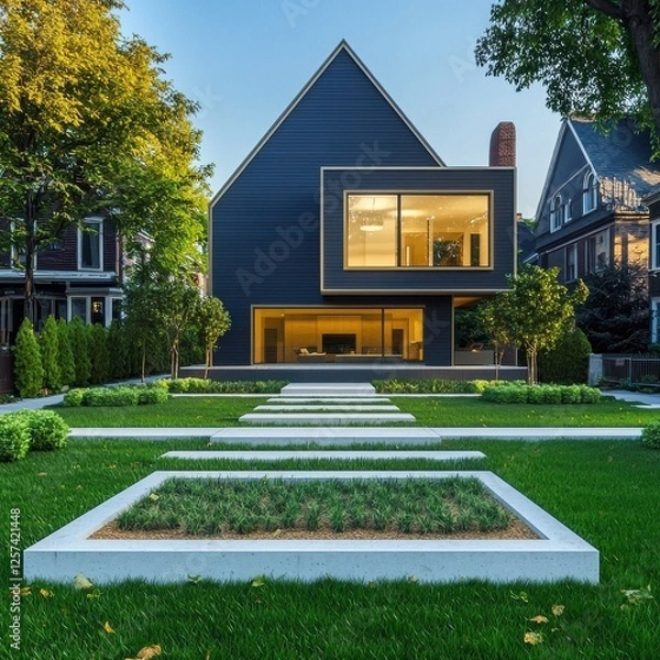 Fototapeta Modern Architect Designed House with Garden and Pathway