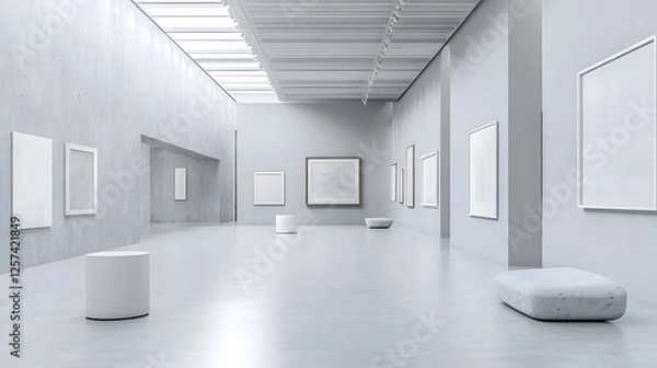 Obraz Modern Art Gallery Interior with Empty Frames and Minimalist Design