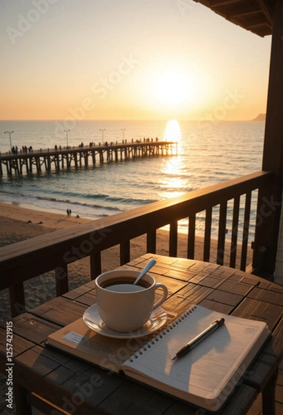 Fototapeta Wooden table on a balcony, ocean sunset view, coffee cup, open notebook, pen, pier, boats, warm golden light, peaceful and inspiring vibe.