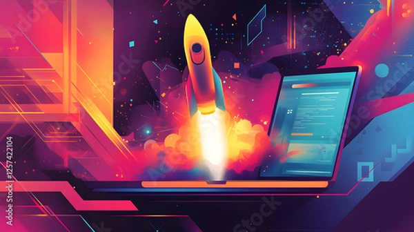 Obraz Rocket Launching from Laptop Digital Startup Success and Innovation