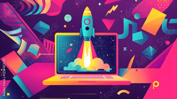 Obraz Rocket Launching from Laptop Screen Startup Success and Innovation Concept