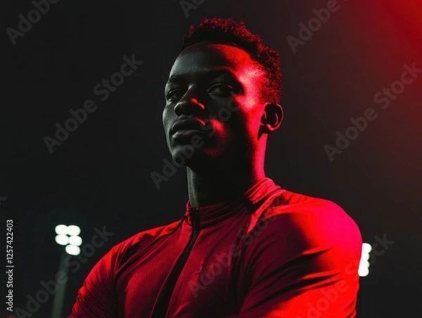 Fototapeta Captivating athlete exuding confidence in dramatic lighting during a twilight training session