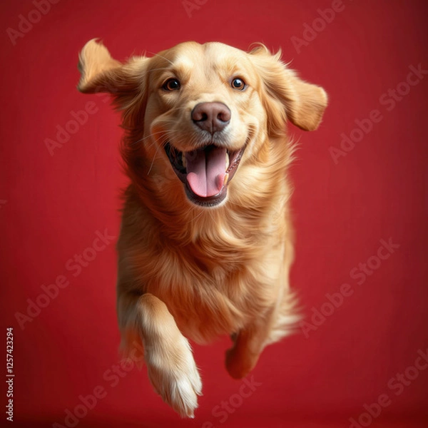Obraz Happy Golden Retriever Running - Playful Dog Portrait on Red Background