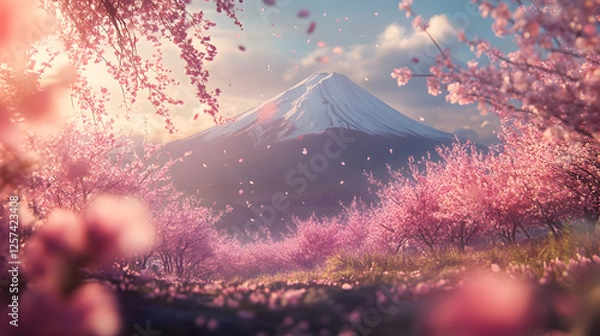 Obraz Serene Spring Sunrise Mount Fuji and Cherry Blossoms