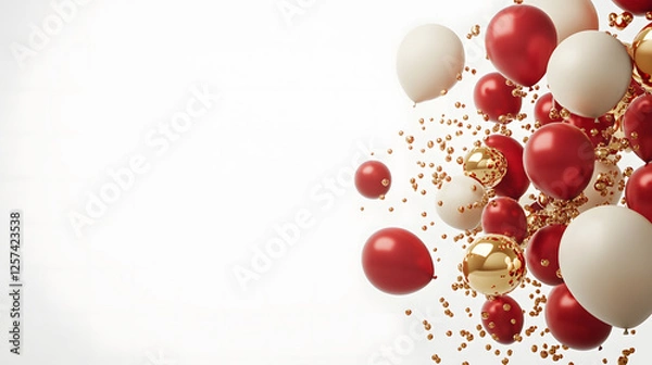 Obraz Festive Red and White Balloons with Gold Confetti on White Background