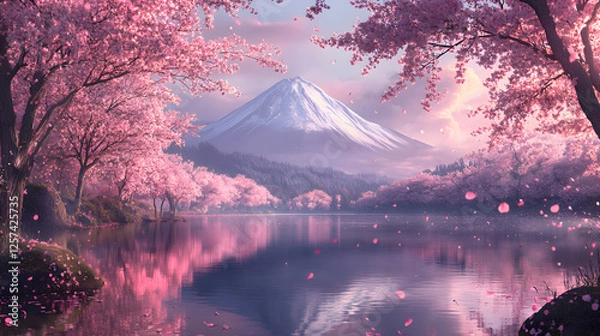 Fototapeta Serene Sakura Spring Mount Fuji and Cherry Blossoms Reflection