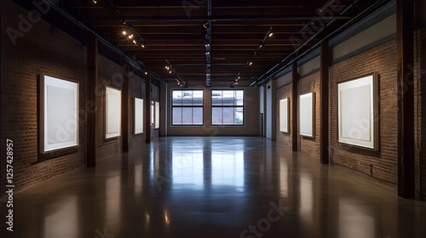 Obraz Modern Art Gallery Interior with Empty Picture Frames, Exposed Brick Walls, and Polished Concrete