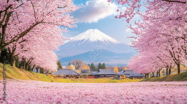 Obraz Serene Spring Landscape Cherry Blossoms and Mount Fuji