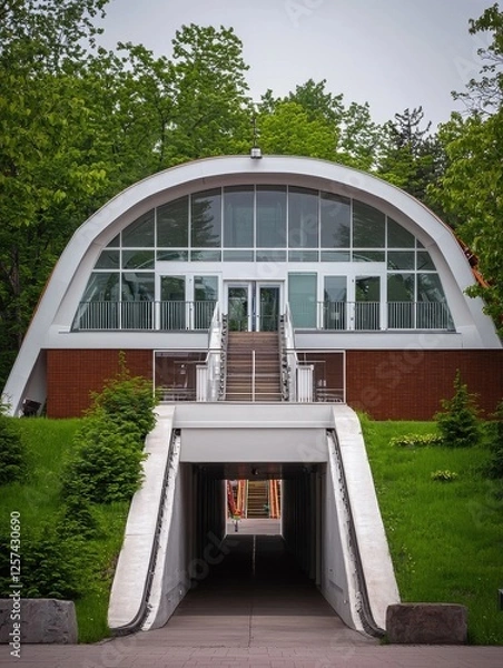 Fototapeta Modern Architectural Building Surrounded By Lush Greenery