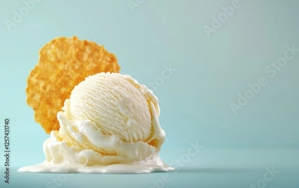 Obraz crispy golden chip half-dipped in a fluffy scoop of melting vanilla ice cream, showing contrast in textures, isolated on a pastel background