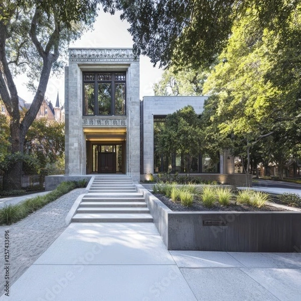 Fototapeta Modern Architectural Building Surrounded by Lush Greenery
