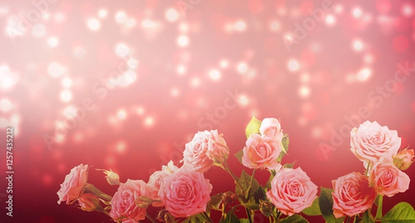 Fototapeta Valentine's Day card with roses bouquet on abstract red background with glowing shiny bokeh and copy space, banner with blank empty place.