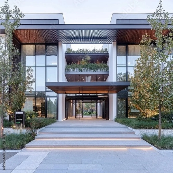 Fototapeta Modern Architectural Building with Glass Facade and Greenery