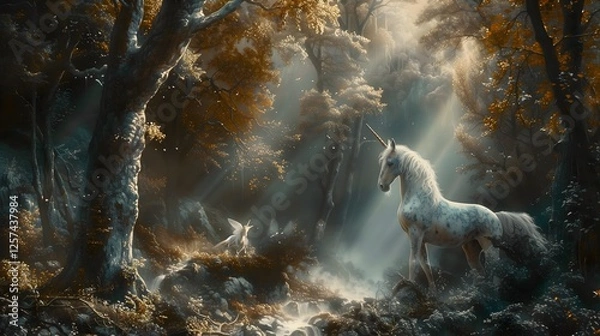 Fototapeta A dappled unicorn stands majestically in a forest, bathed in sunlight. A winged creature also stands by a small stream, amidst the trees.