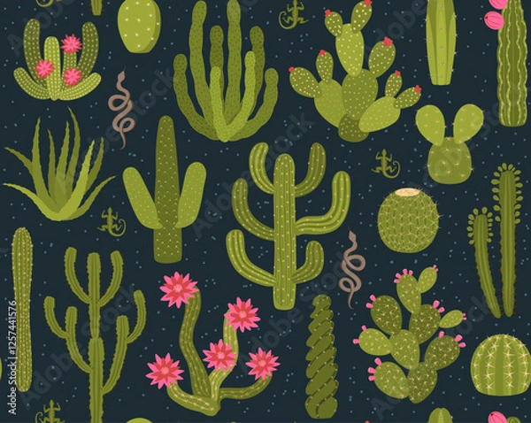 Fototapeta Arizona cacti desert seamless pattern on dark midnight texture, vector illustration repeat design print