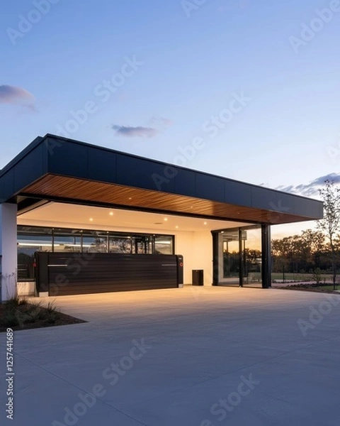 Fototapeta Modern Architectural Building with Open Air Design at Sunset