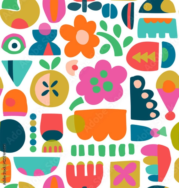 Fototapeta bold colorful fun modern minimalist art abstract nature shapes seamless pattern, vector illustration repeat design print