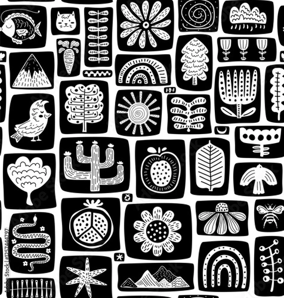 Fototapeta black and white modern geometric patchwork style kids nature objects quilt block print seamless pattern, vector illustration repeat design