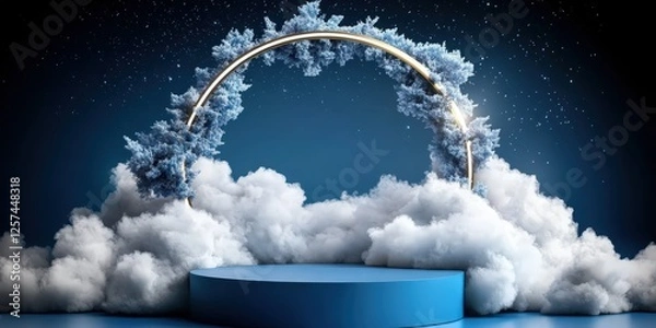 Fototapeta Serene minimalist scene featuring circular blue structure amidst fluffy clouds dreamy environment artistic