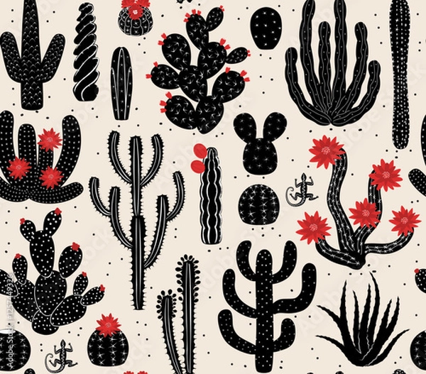 Fototapeta red black and white desert cacti on off white tan background seamless pattern, vector illustration repeat design print