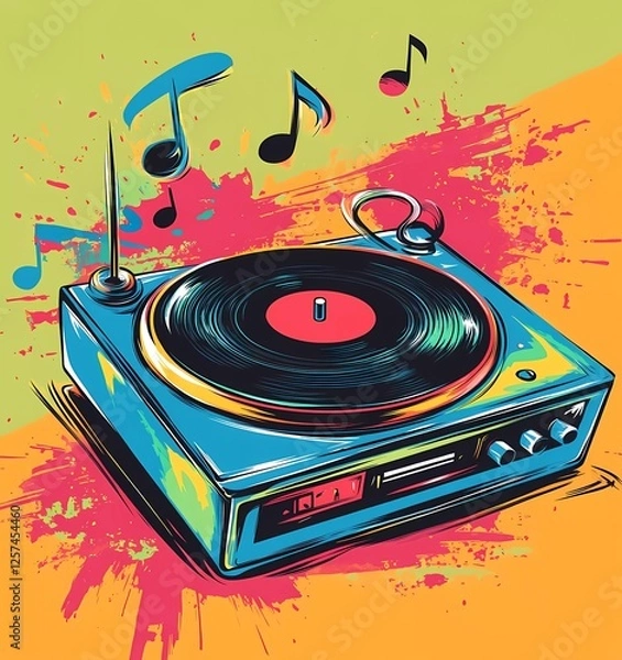 Fototapeta Pop art vector of an old vinyl record player with music notes and musical notes, vibrant color background