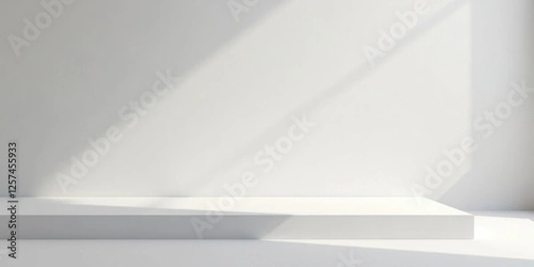 Fototapeta Elevated Platform in Sunlit Room, Minimalist White Background Ideal for Product Display or Presentation
