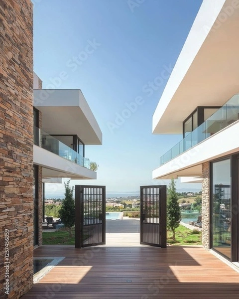 Fototapeta Modern Architectural Design Featuring Open Doors and Scenic View