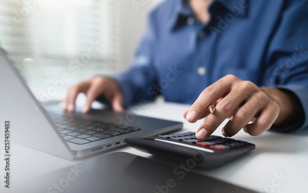 Obraz Close up businessman hand using calculator to budgeting and tax calculation monthly expenses. budget management and accounting on table. Business finance accounting banking concept.