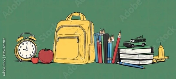 Fototapeta Back-to-school supplies with backpack, alarm clock, and toy car