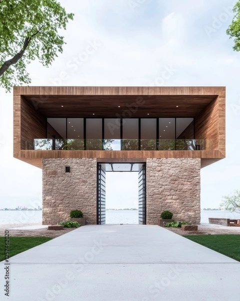 Fototapeta Modern Architectural Design Featuring Stone and Wood Elements
