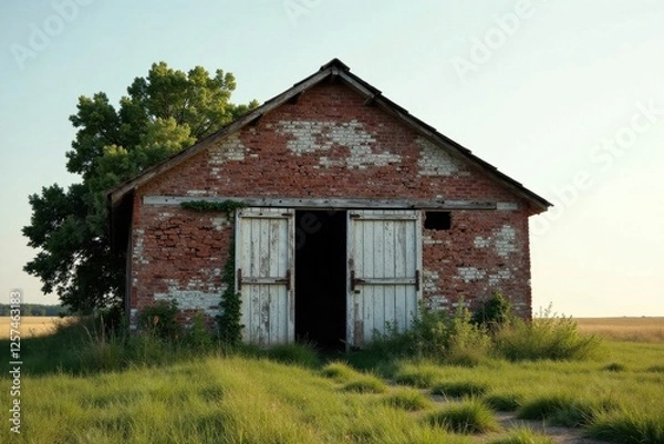 Obraz Rustic brick barn with weathered white doors stands solitary in a field of tall grass under a clear sky