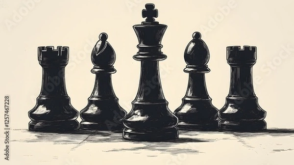 Fototapeta A line art depiction showcases chess pieces: two rooks, two bishops, and a king, all in dark shades, set against a light, neutral background.