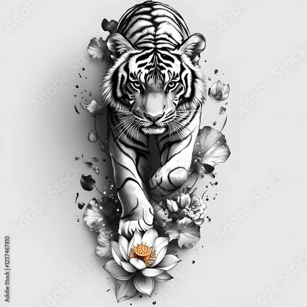 Fototapeta A monochrome illustration depicts a white tiger walking forward, surrounded by detailed floral elements. The tiger's intense gaze is focused, its paw landing on a lotus flower.