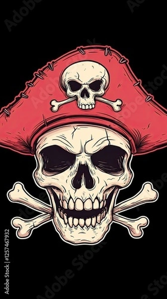 Fototapeta Pirate skull wearing a red hat with crossbones, set against a dark background