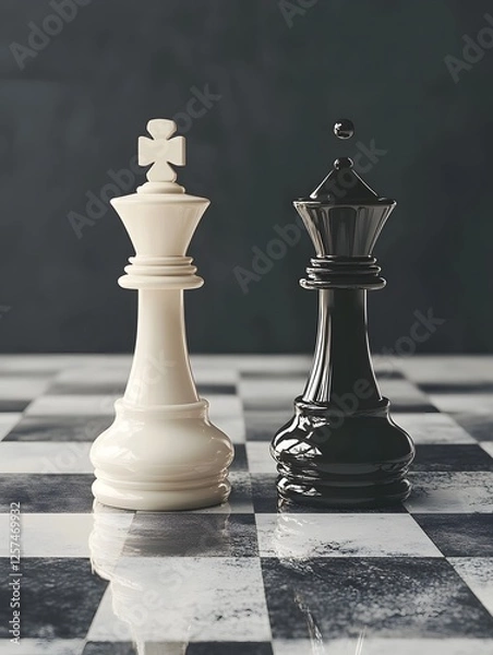 Fototapeta A black queen and white king chess piece stand on a black and white checkered board with a reflective surface, set against a dark, neutral background.