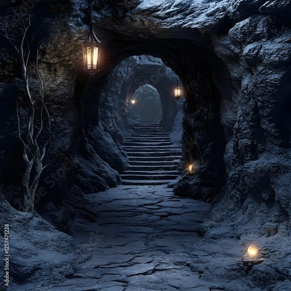 Fototapeta A stone stairway illuminated by hanging lanterns ascends through a dark, cavernous tunnel, suggesting a passage to an unknown destination in a mysterious location.