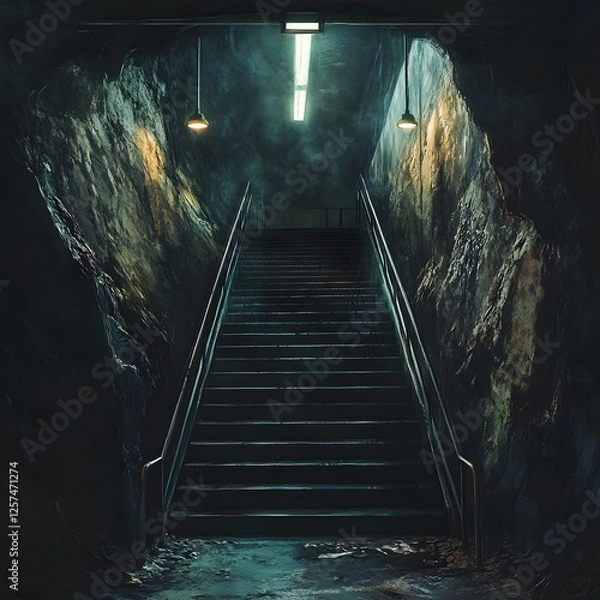 Fototapeta An upward view of a dimly lit stairway, carved out of stone. The stairs lead to a lighter area, illuminated by artificial lights. Rough textures define the walls and steps.