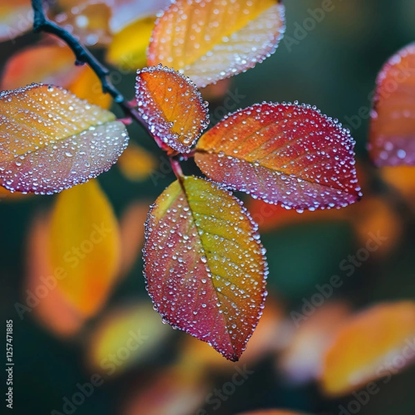 Fototapeta Autumnal Dewdrop Dance: A close-up captures the captivating dance of light and color on delicate leaves, each one a masterpiece adorned with glistening dewdrops.