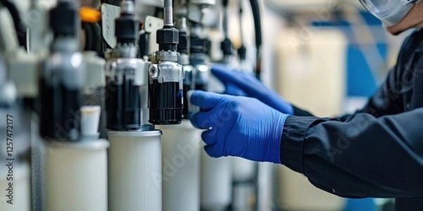 Fototapeta A close-up of a worker inspecting an advanced water filtration system used to prevent pollution from oil operations