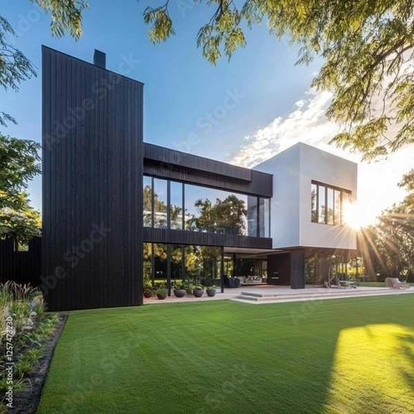 Fototapeta Modern Architectural Design House with Large Windows at Sunset