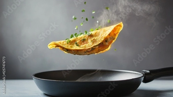 Obraz Flipping Delicious Omelette with Fresh Herbs in a Pan