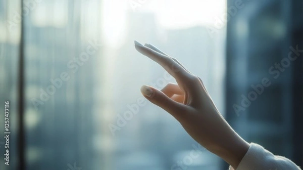 Fototapeta detailed hand photography, elegant finger gestures on phone, panoramic composition, minimalist office environment, gentle window light, business professional aesthetic, clean technological focus,